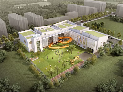 Modern School Building Design With Green Lawn Trees And Circular Playground Area 3d model