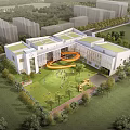 Modern School Building Design With Green Lawn Trees And Circular Playground Area