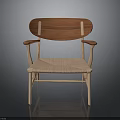 Stylish Wooden Chair With Oval Backrest And Woven Seat And Armrests For Modern Living Room