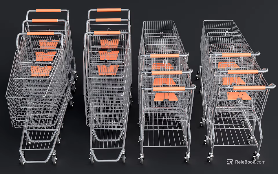 Multiple Wire Mesh Shopping Carts With Orange Handles And Metal Frames 3d model