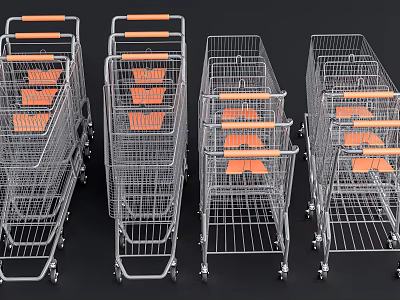 Multiple Wire Mesh Shopping Carts With Orange Handles And Metal Frames 3d model