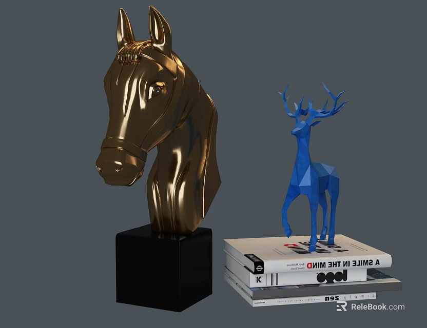 Elegant Swing Door Design With Golden Horse Head Sculpture And Blue Deer Statue 3d model 