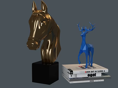 Elegant Swing Door Design With Golden Horse Head Sculpture And Blue Deer Statue 3d model