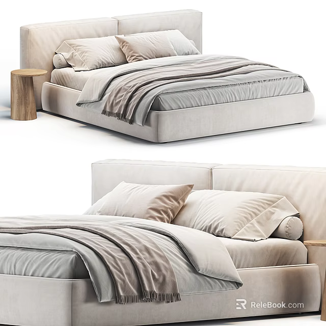 Modern Upholstered Beige Double Bed With Soft Pillows Cozy Blanket And Wooden Nightstand 3d model 