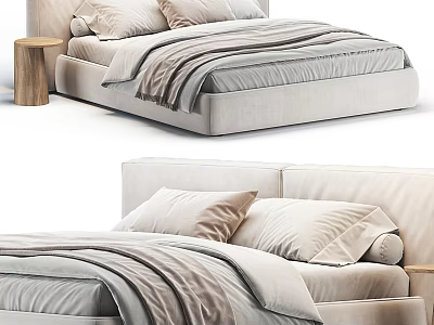Modern Upholstered Beige Double Bed With Soft Pillows Cozy Blanket And Wooden Nightstand 3d model