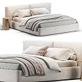 Modern Upholstered Beige Double Bed With Soft Pillows Cozy Blanket And Wooden Nightstand