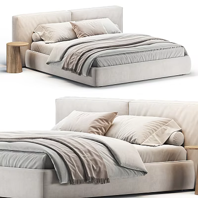 Modern Upholstered Beige Double Bed With Soft Pillows Cozy Blanket And Wooden Nightstand 3d model