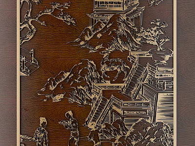 Exquisite Traditional Wooden Carving with Detailed Landscape Figures and Architectural Patterns 3d model