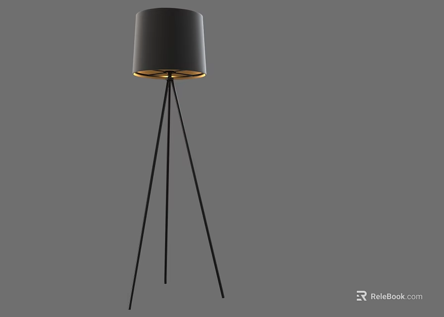 Modern Black Floor Lamp With Three Legged Stand And Cylindrical Lampshade 3d model 