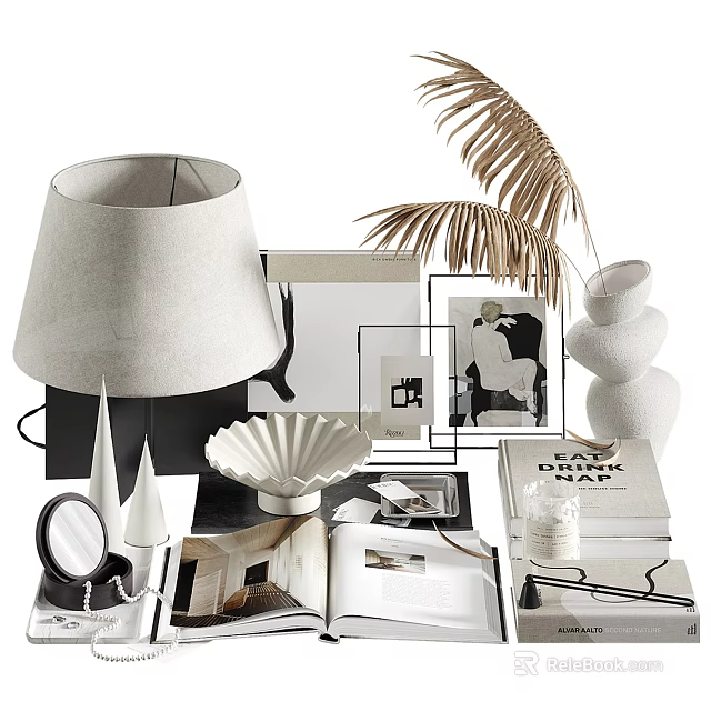 Elegant Ornamental Decor Collection with Table Lamp Picture Frames Stone Sculptures Shell Dish and Books 3d model 