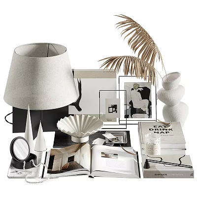 Elegant Ornamental Decor Collection with Table Lamp Picture Frames Stone Sculptures Shell Dish and Books 3d model