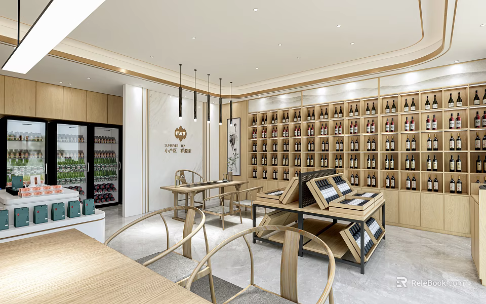 Modern Tobacco And Alcohol Store Interior With Wine Racks Display Shelves And Seating Area 3d model 