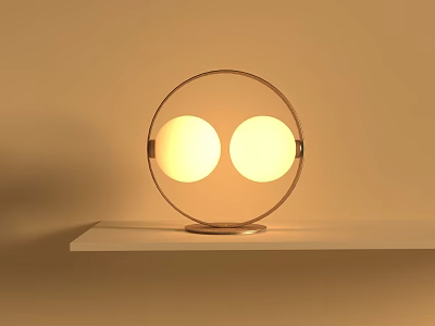 Unique Shaped Table Lamp with Circular Frame Two Bulbs Warm Yellow Light on White Shelf 3d model
