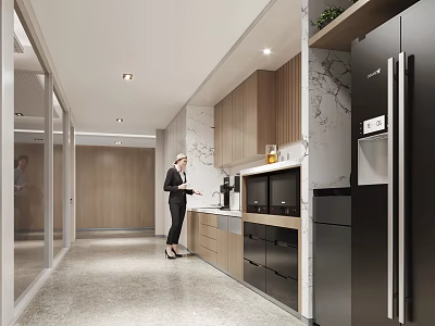 Modern Office Break Room with Wooden Cabinets Marble Wall Coffee Machine Microwave Countertop and Refrigerator 3d model