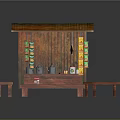 Traditional Wooden Street Stall With Tiled Roof And Side Hanging Items Plus Two Benches