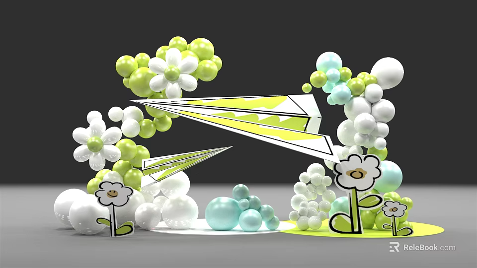 Colorful Inflatable Decorations With Green White Light Blue Paper Plane And Flower Shapes 3d model 