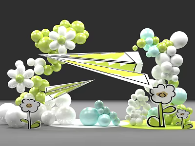 Colorful Inflatable Decorations With Green White Light Blue Paper Plane And Flower Shapes 3d model