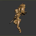 3D Rendered Golden Female Character With Dynamic Pose Flowing Hair And Decorative Wings