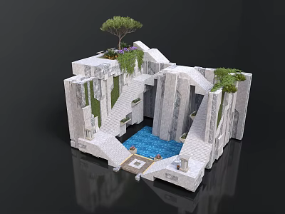 Modern Architectural Structure With Central Water Pool Wall Mounted Green Plants And Roof Tree 3d model