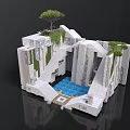 Modern Architectural Structure With Central Water Pool Wall Mounted Green Plants And Roof Tree
