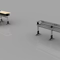 Light Colored Wooden Desk with Three Chairs and Metal Frame Design