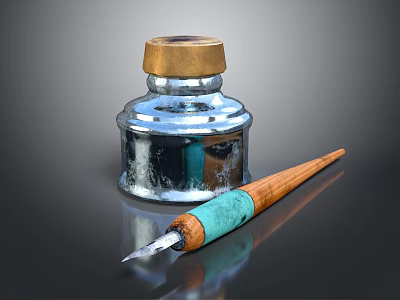 Vintage Silver Ink Bottle With Golden Cap And Wooden Fountain Pen With Turquoise Decoration 3d model