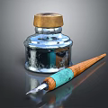 Vintage Silver Ink Bottle With Golden Cap And Wooden Fountain Pen With Turquoise Decoration