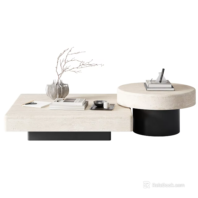Modern Marble Coffee Table with Round and Rectangular Design Vase Dried Branches Books Black Base 3d model
