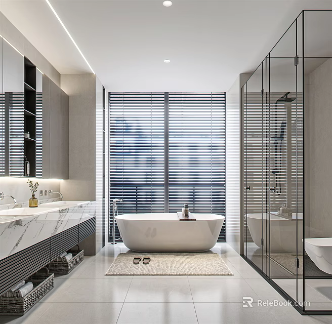 Modern Elegant Bathroom Interior With Marble Countertop Freestanding Bathtub Glass Shower And Window Blinds 3d model 