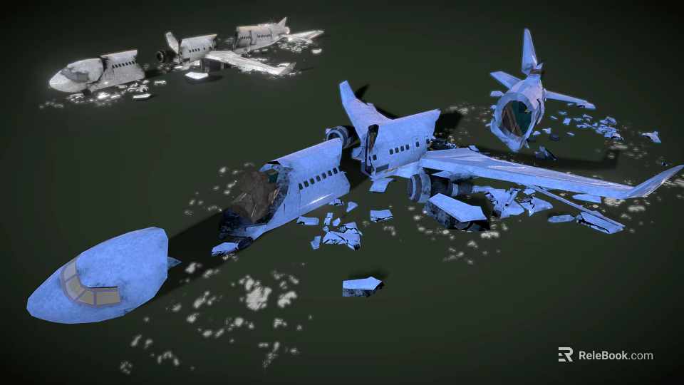 Airplane Wreckage Scene With Scattered Debris And Broken Fuselage Parts 3d model 