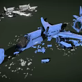 Airplane Wreckage Scene With Scattered Debris And Broken Fuselage Parts