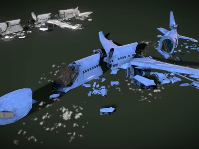 Airplane Wreckage Scene With Scattered Debris And Broken Fuselage Parts 3d model
