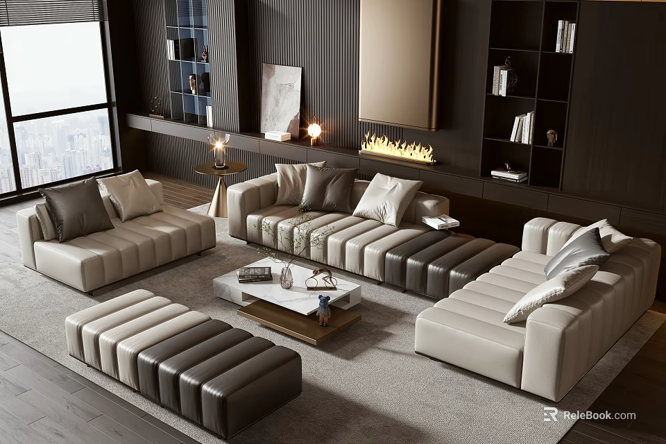 Contemporary Beige Dark Brown Leather Sofa Coffee Table Set With Ottoman Accent Pillows 3d model 