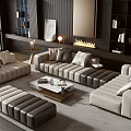 Contemporary Beige Dark Brown Leather Sofa Coffee Table Set With Ottoman Accent Pillows