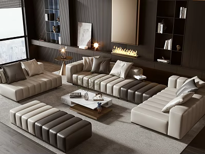 Contemporary Beige Dark Brown Leather Sofa Coffee Table Set With Ottoman Accent Pillows 3d model