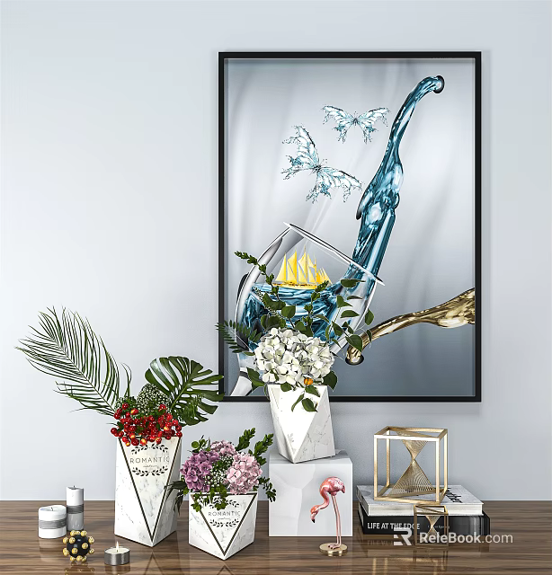 Decorative Painting Featuring Blue Fluid Butterflies Flame With Vase Green Plants Flowers 3d model 