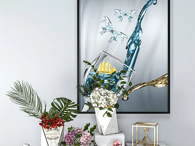 Decorative Painting Featuring Blue Fluid Butterflies Flame With Vase Green Plants Flowers 3d model