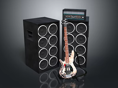 Professional Audio Equipment Setup Featuring Large Black Speakers Amplifier And Electric Bass Guitar 3d model