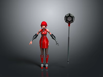Red Hair Female Character In Red Tight Suit With Mechanical Arms And Hexagonal Hammer 3d model