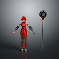 Red Hair Female Character In Red Tight Suit With Mechanical Arms And Hexagonal Hammer