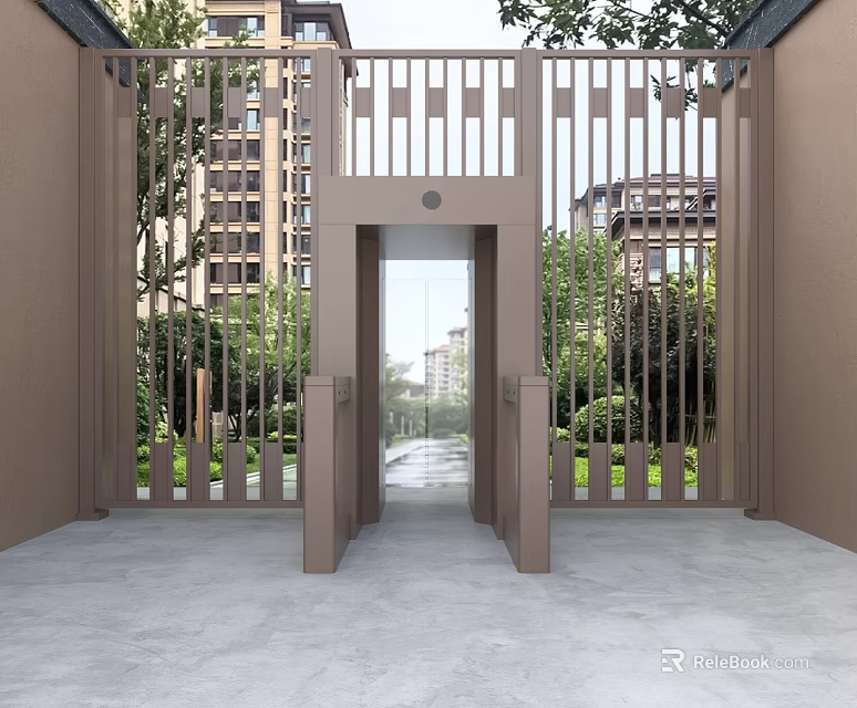 Modern Metal Gate Entrance Design With Glass Door Green Plants And High Rise Buildings 3d model 