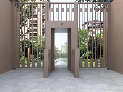 Modern Metal Gate Entrance Design With Glass Door Green Plants And High Rise Buildings 3d model