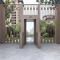 Modern Metal Gate Entrance Design With Glass Door Green Plants And High Rise Buildings