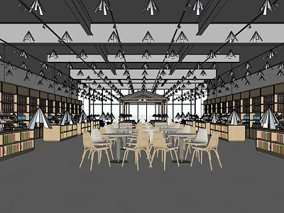 Modern Store Interior Design With Shelves Tables Chairs And Ceiling Lights 3d model