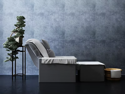Gray Massage Chair with Gray Wall Black Floor Green Plant on Stand and Matching Ottoman 3d model