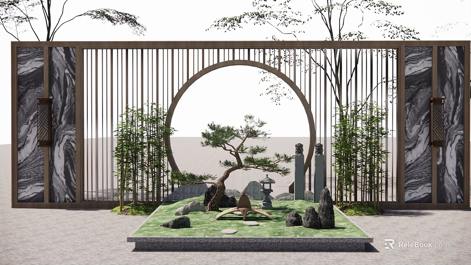 Traditional Chinese Garden Landscape With Circular Moon Gate Pine Tree Bamboo Stones And Statues 3d model 