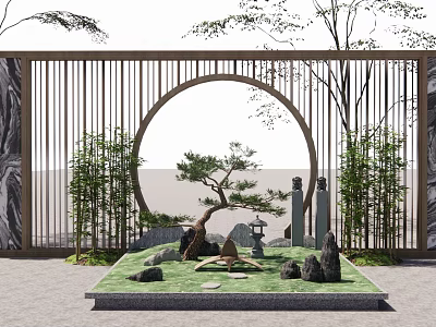 Traditional Chinese Garden Landscape With Circular Moon Gate Pine Tree Bamboo Stones And Statues 3d model