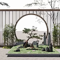 Traditional Chinese Garden Landscape With Circular Moon Gate Pine Tree Bamboo Stones And Statues