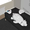 White Polar Bear Shaped Pillow on Black Leather Sofa with Line Art Background Wall
