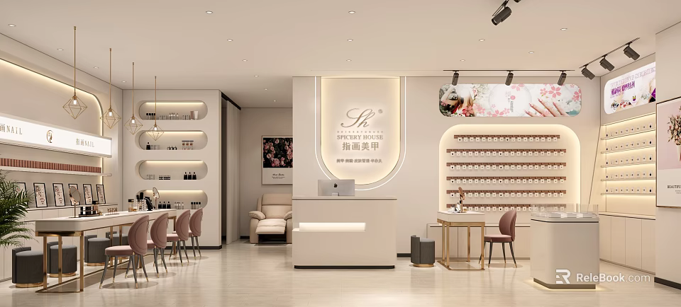 Stylish Modern Beauty Salon Interior With Reception Desk Sofa Chairs And Product Shelves 3d model 